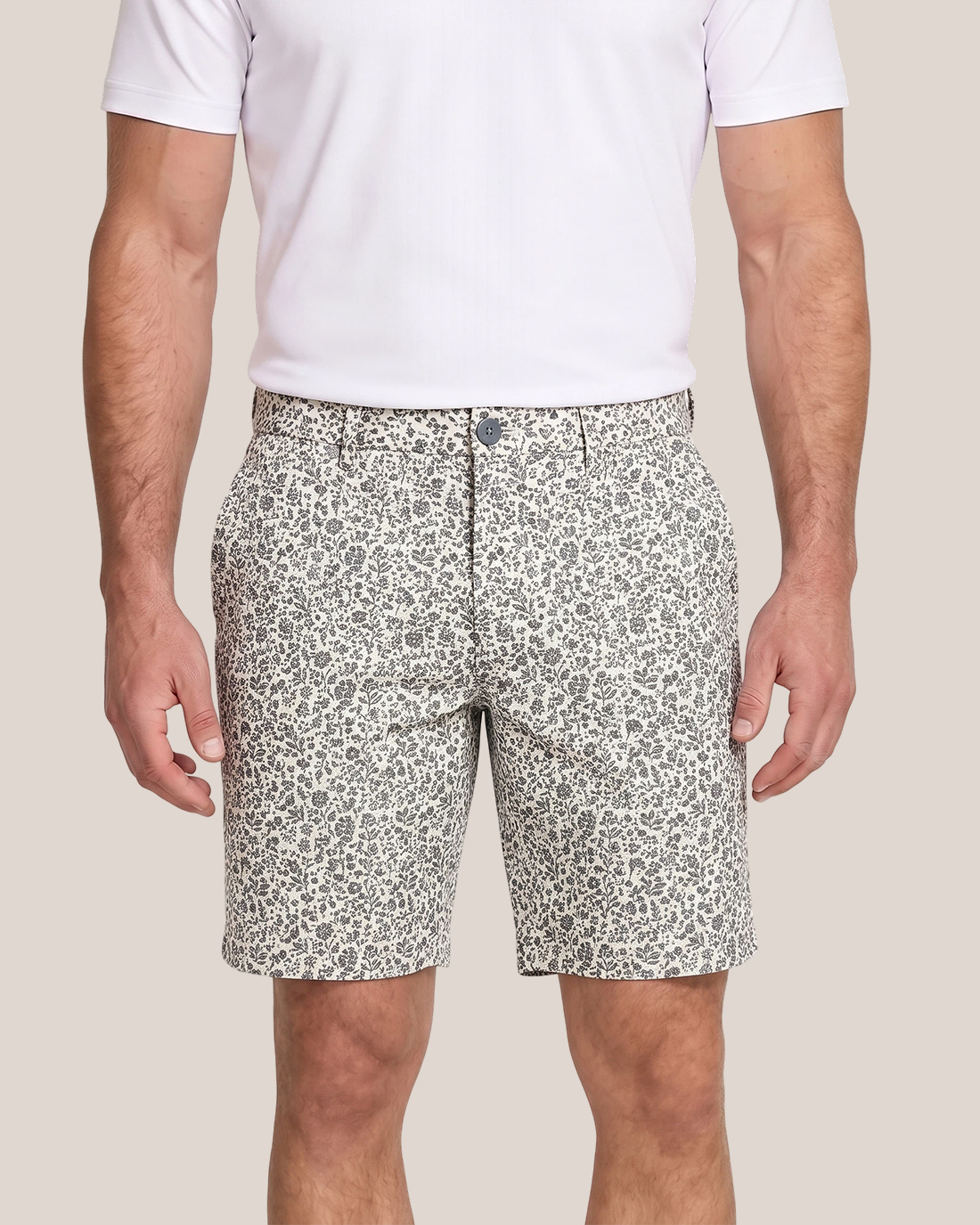 Men's Off-white Base Gray Ditsy Floral Regular Fit Minimalist Casual Shorts