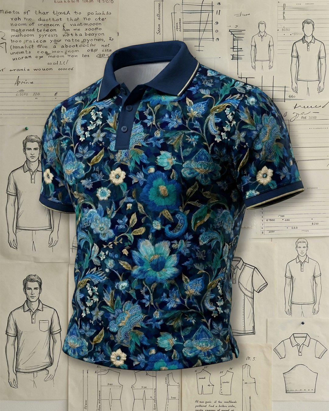 Dark Blue Bloom Pattern Polo
