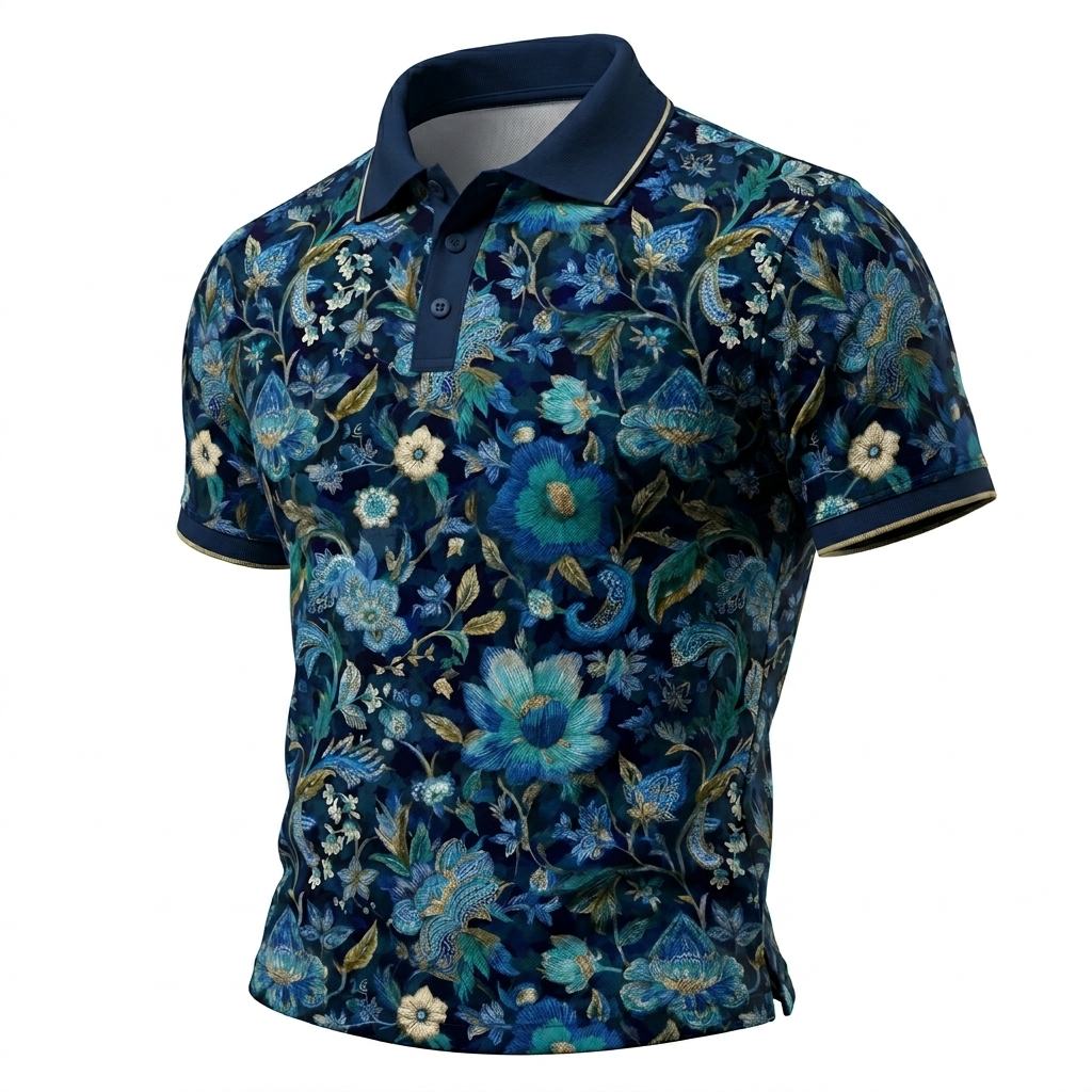 Dark Blue Bloom Pattern Polo