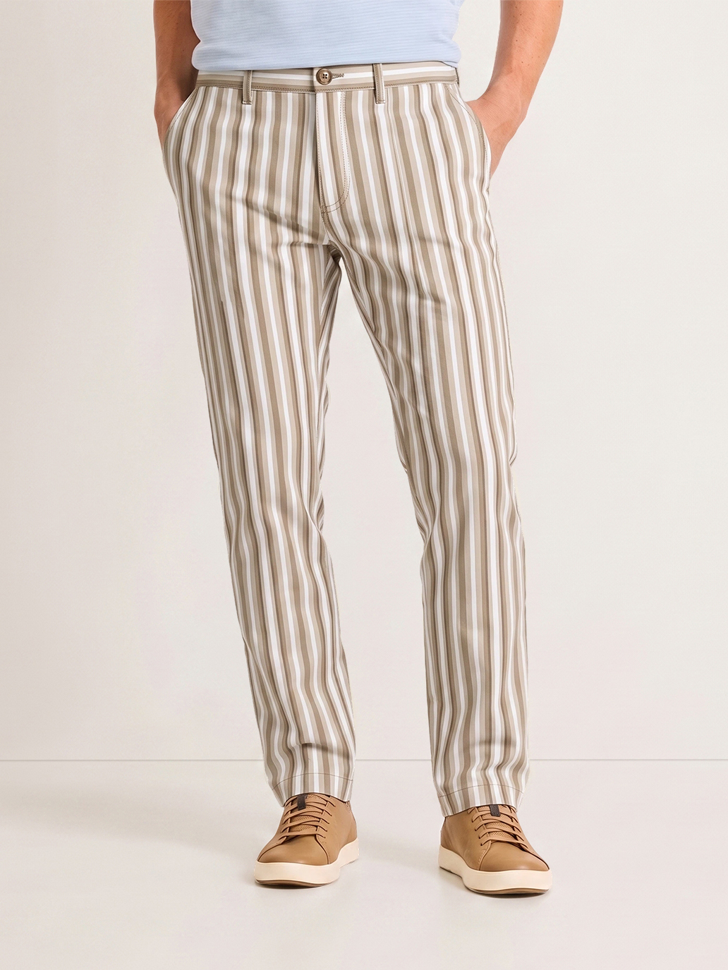 Men's Khaki White Vertical Stripes Classic Straight Fit Retro British Smart Casual Trousers