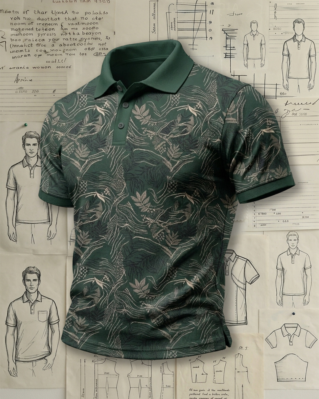 Men's Dark Green Tropical Foliage Allover Print Slim Fit Retro Casual Performance Polo Shirt
