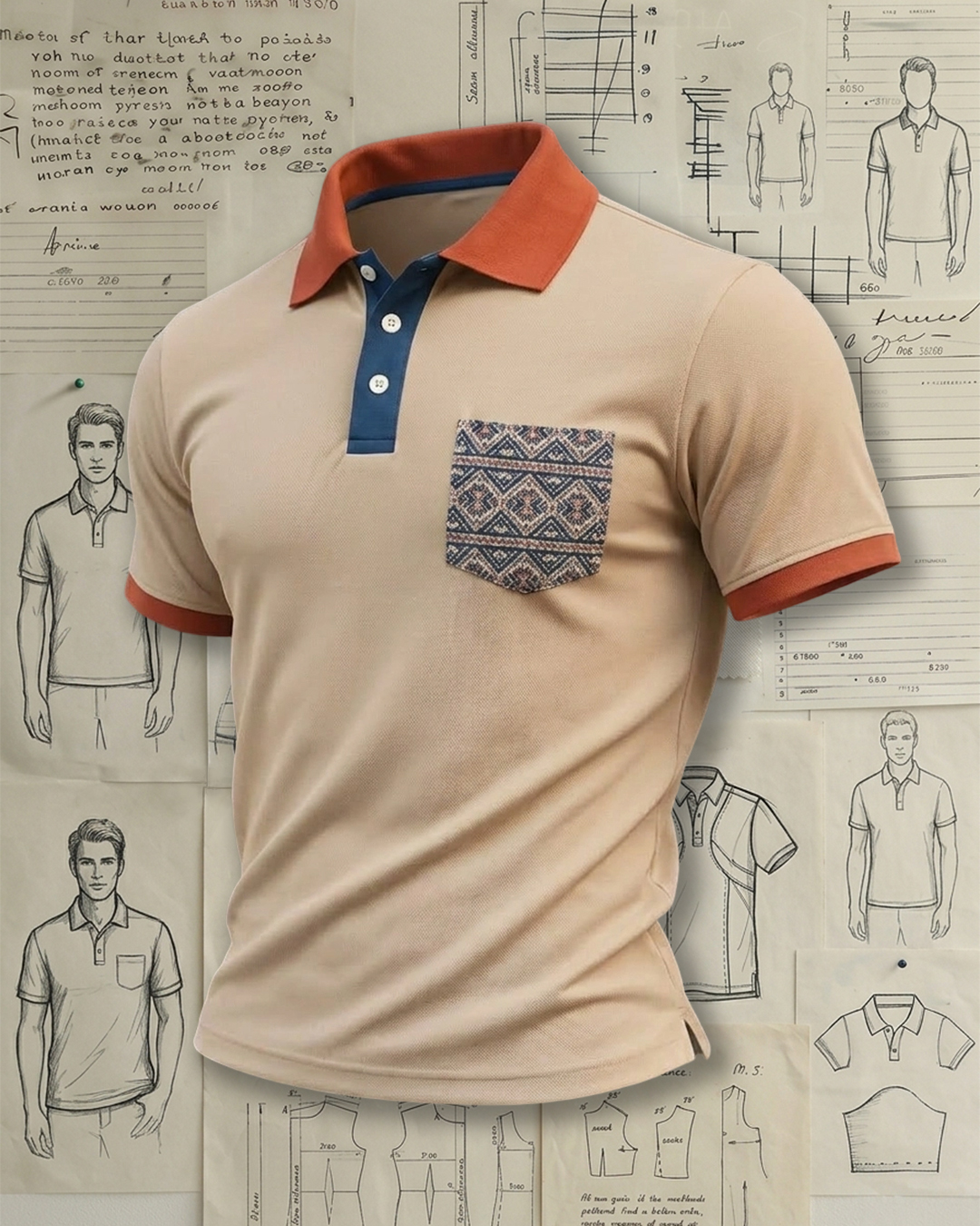 Men's Khaki Orange Collar Ethnic Geometric Pocket Regular Fit Retro Casual Pique Polo Shirt