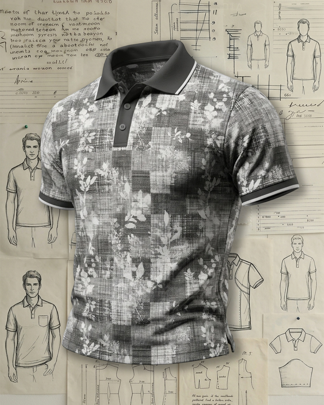 Minimalist Grey Plaid & Bloom Polo