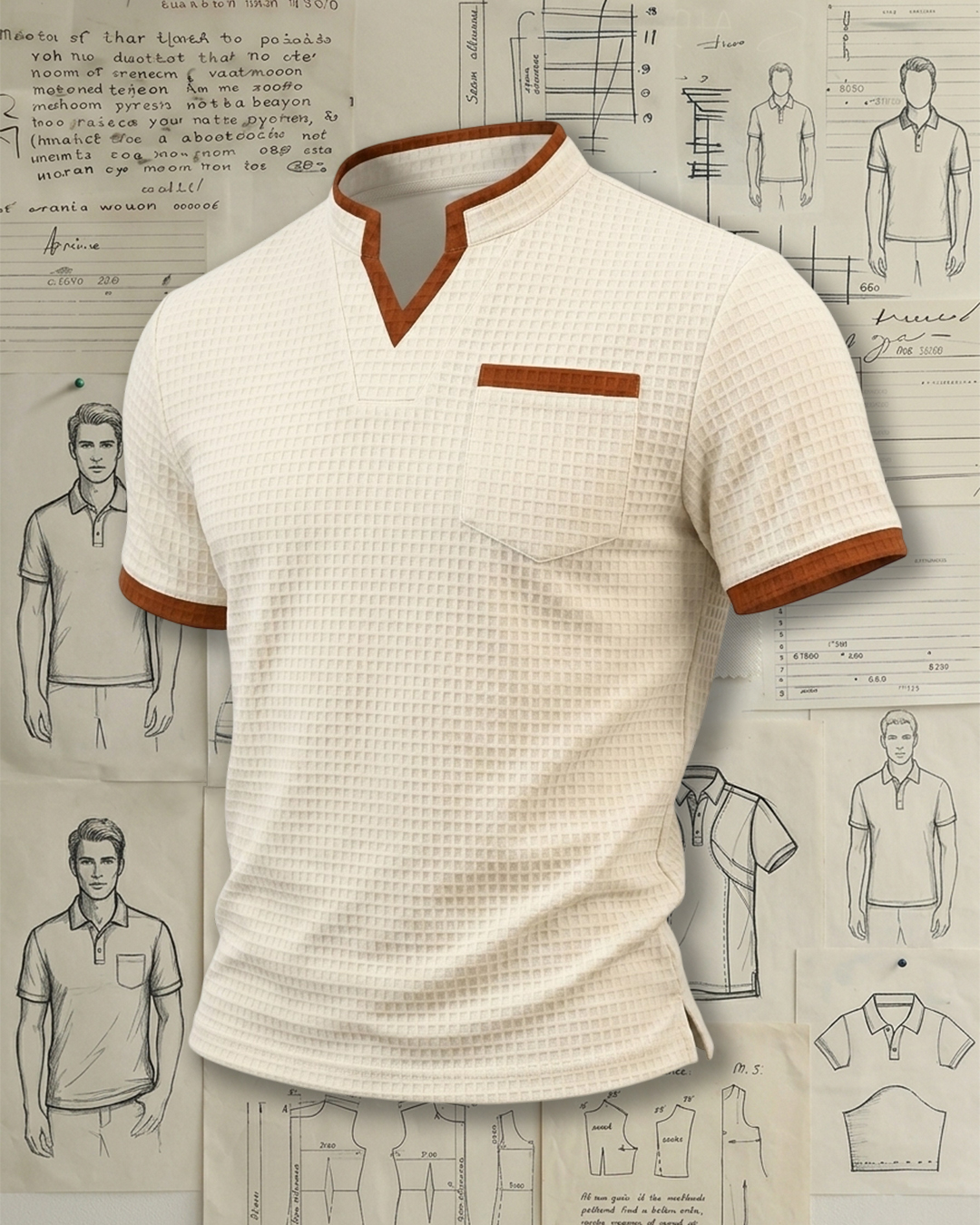 Men's Cream & Brown Contrast Waffle Knit Slim Fit Old Money Casual Style No Print Mandarin Collar Short Sleeve Polo Shirt