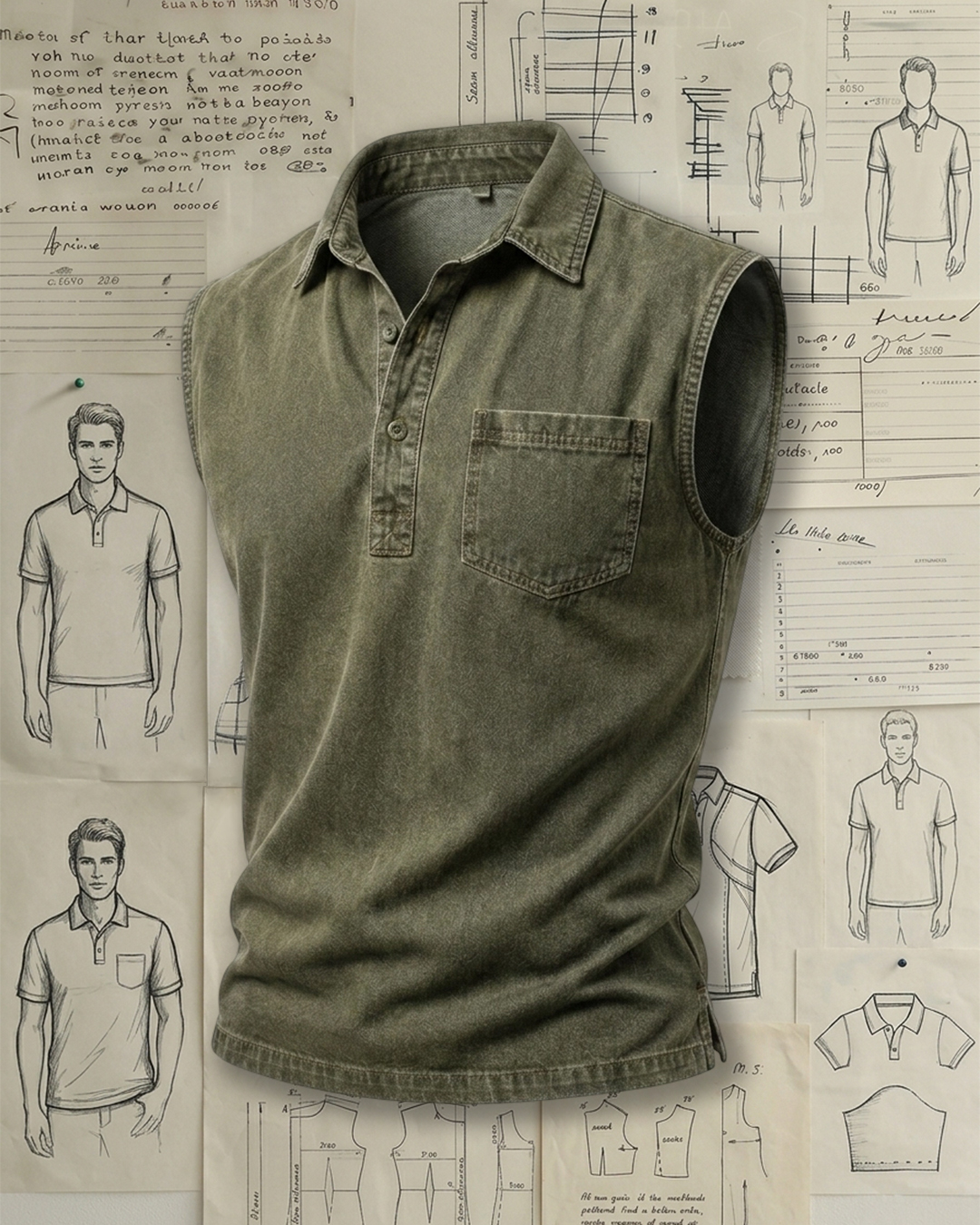 Men's Army Green Washed Denim Loose Casual Vintage Street Style No Extra Print Lapel Half Placket Sleeveless Polo Shirt