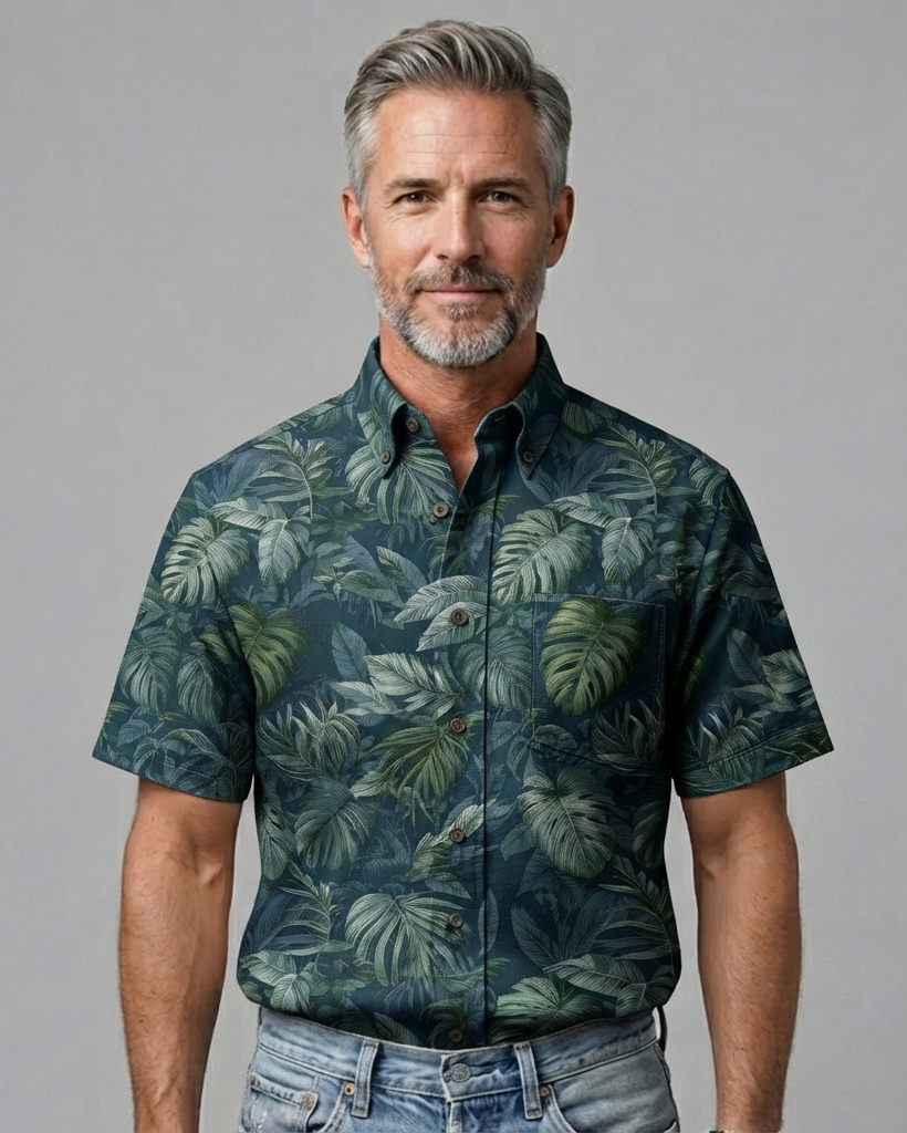 [Copy]Men's Light Blue Base Lavender Hibiscus Relaxed Fit Hawaiian Casual Short-Sleeve Shirt