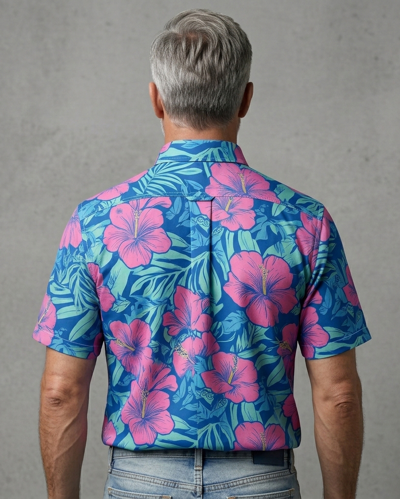 Men's Bright Blue and Hot Pink Relaxed Fit Tropical Vacation Style Hibiscus Leaf Print Short Sleeve Button-down Shirt