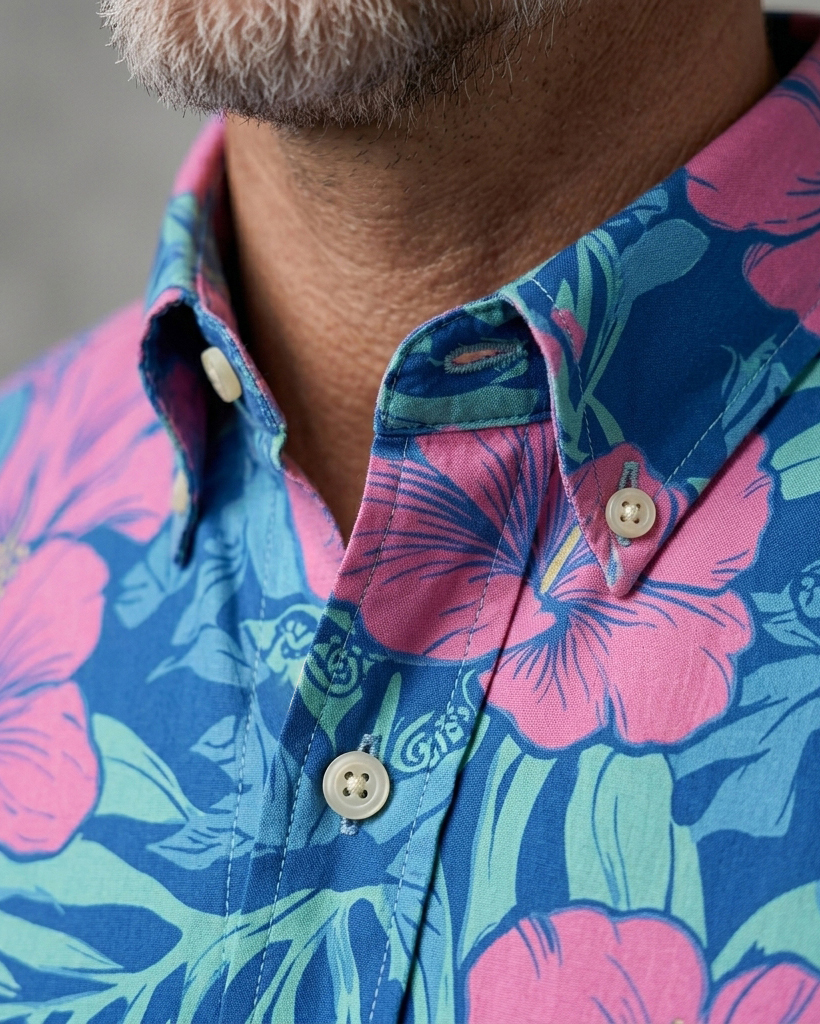 Men's Bright Blue and Hot Pink Relaxed Fit Tropical Vacation Style Hibiscus Leaf Print Short Sleeve Button-down Shirt