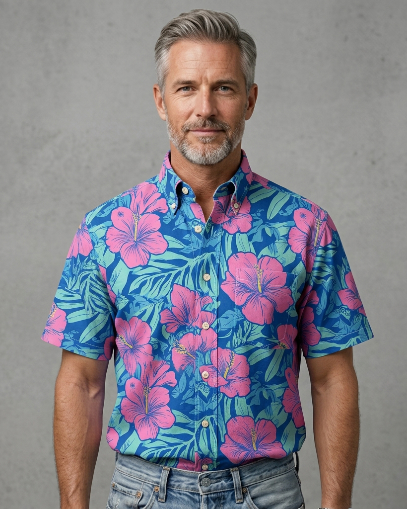 Men's Bright Blue and Hot Pink Relaxed Fit Tropical Vacation Style Hibiscus Leaf Print Short Sleeve Button-down Shirt