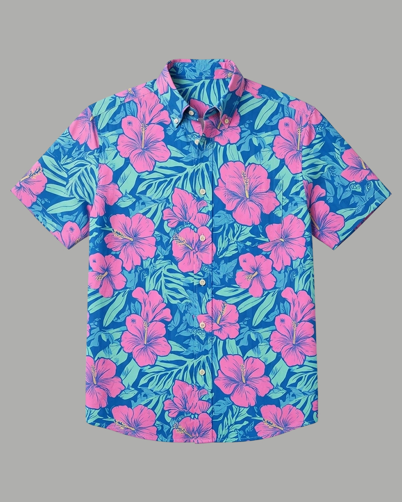 Men's Bright Blue and Hot Pink Relaxed Fit Tropical Vacation Style Hibiscus Leaf Print Short Sleeve Button-down Shirt