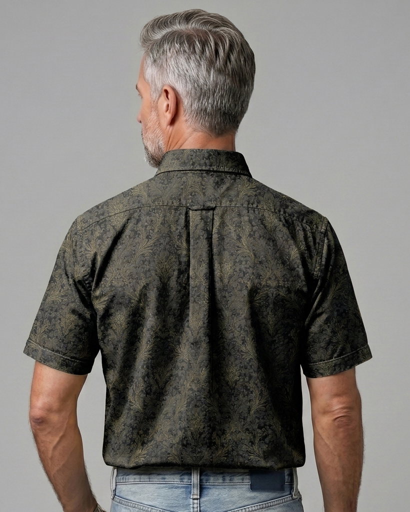 Men's Dark Gray and Gold Regular Fit Retro Business Style Damask Floral Print Short Sleeve Button-down Shirt