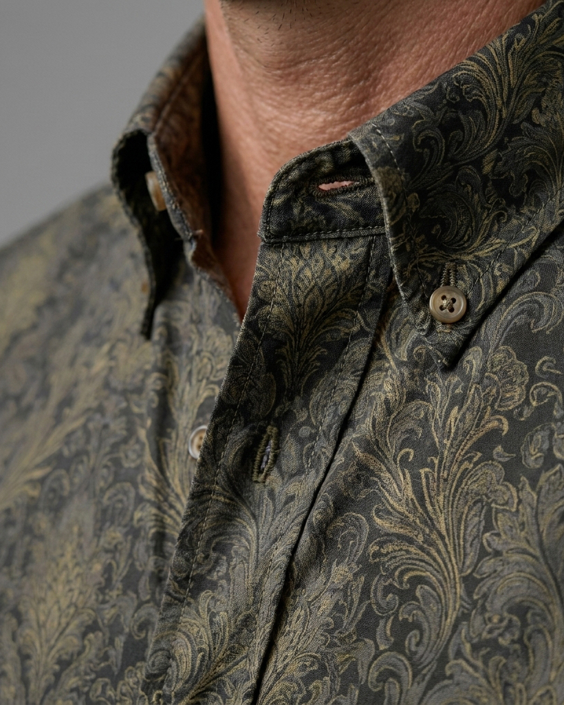 Men's Dark Gray and Gold Regular Fit Retro Business Style Damask Floral Print Short Sleeve Button-down Shirt