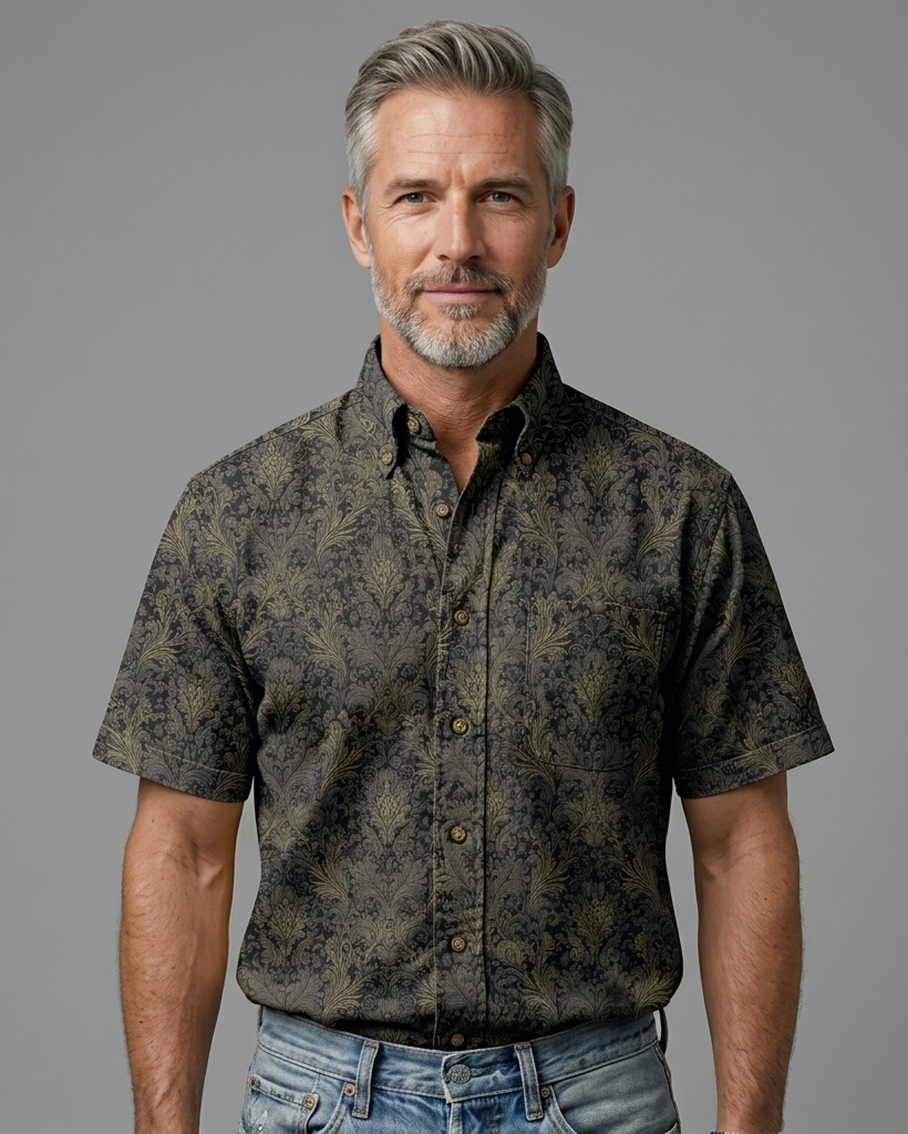 Men's Dark Gray and Gold Regular Fit Retro Business Style Damask Floral Print Short Sleeve Button-down Shirt