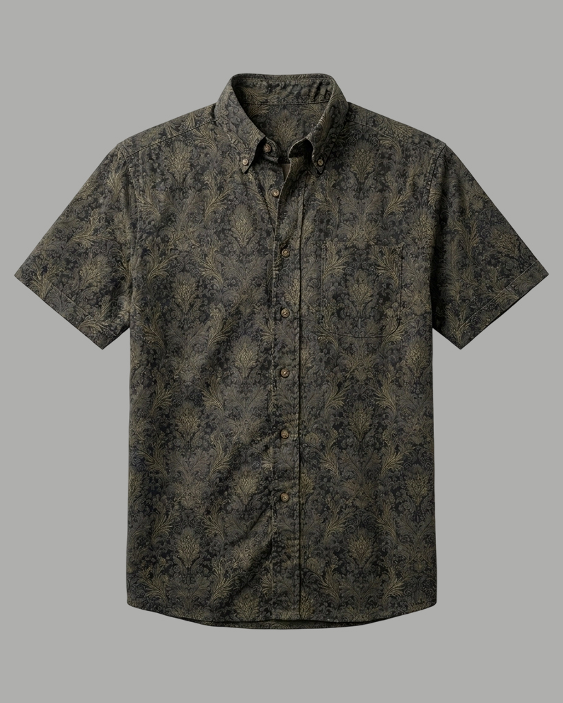 Men's Dark Gray and Gold Regular Fit Retro Business Style Damask Floral Print Short Sleeve Button-down Shirt