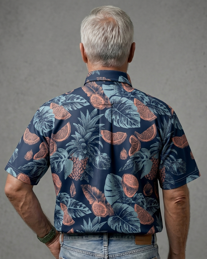 Men's Navy and Coral Loose Fit Island Vacation Style Pineapple Citrus Slice Print Short Sleeve Button-down Shirt