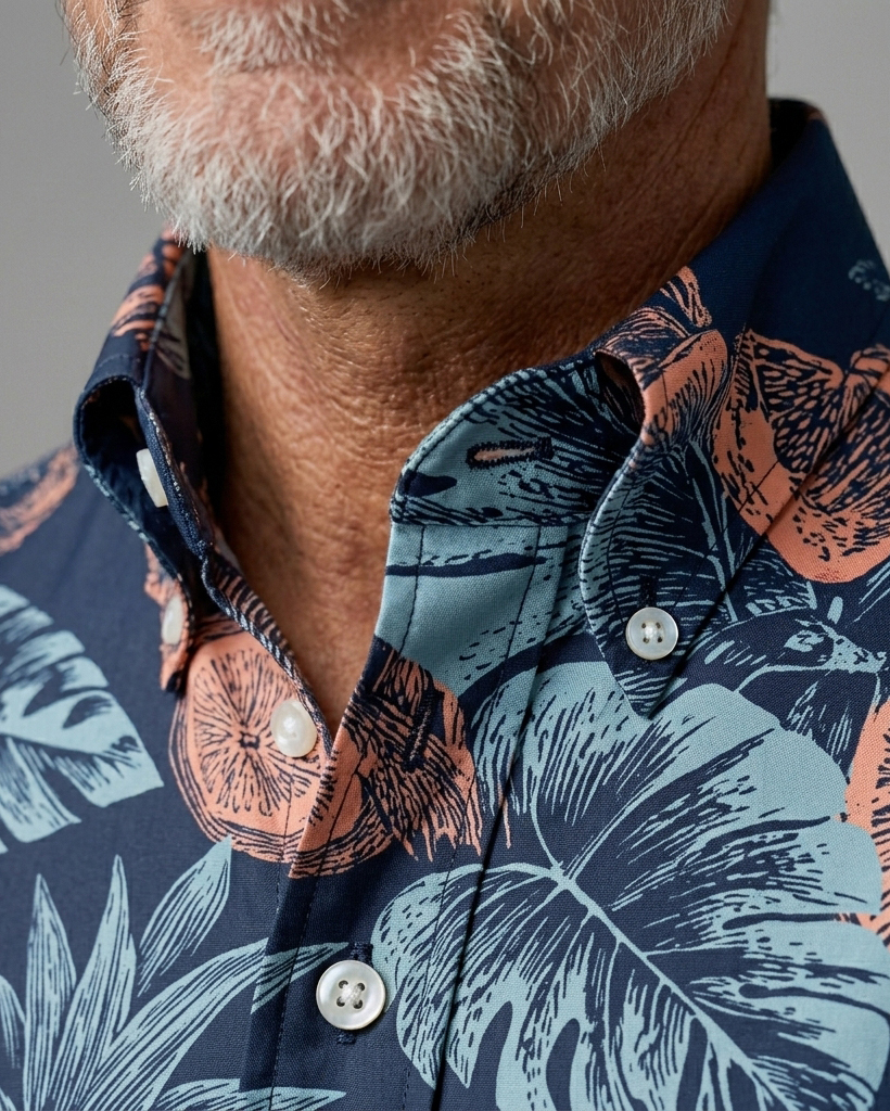Men's Navy and Coral Loose Fit Island Vacation Style Pineapple Citrus Slice Print Short Sleeve Button-down Shirt