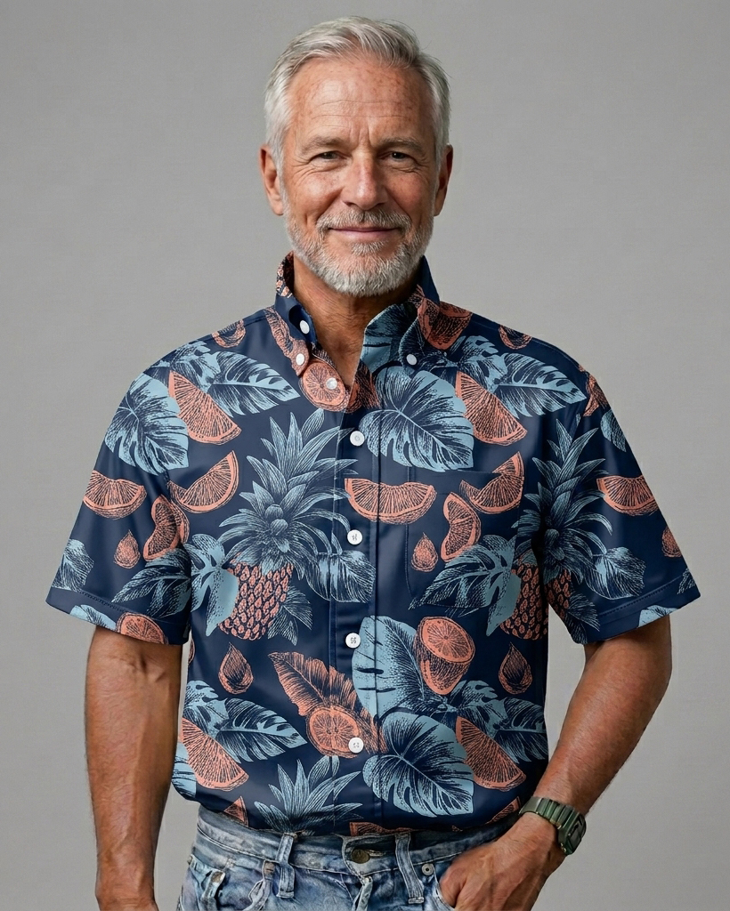 Men's Navy and Coral Loose Fit Island Vacation Style Pineapple Citrus Slice Print Short Sleeve Button-down Shirt