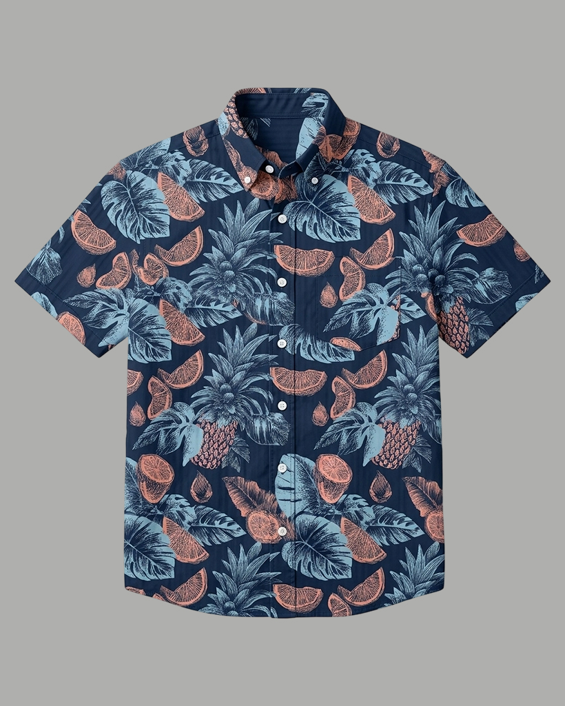Men's Navy and Coral Loose Fit Island Vacation Style Pineapple Citrus Slice Print Short Sleeve Button-down Shirt