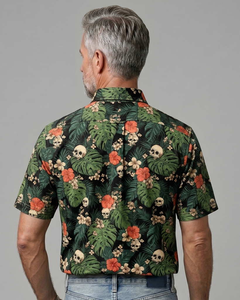 Men's Black and Green Loose Fit Retro Street Style Skull Tropical Foliage Floral Print Short Sleeve Button-down Shirt