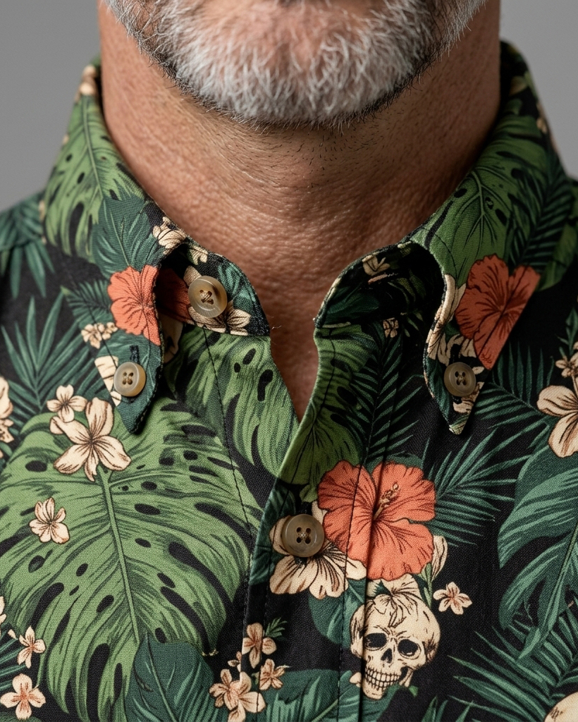Men's Black and Green Loose Fit Retro Street Style Skull Tropical Foliage Floral Print Short Sleeve Button-down Shirt