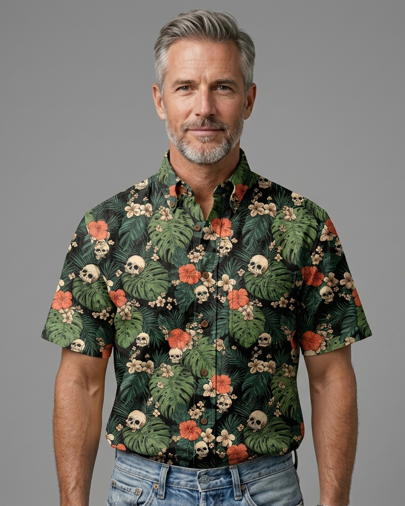 Men's Black and Green Loose Fit Retro Street Style Skull Tropical Foliage Floral Print Short Sleeve Button-down Shirt