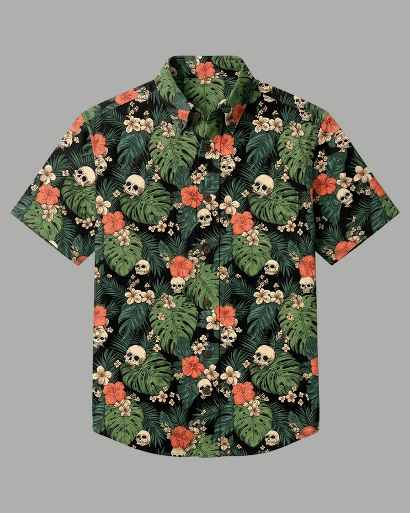 Men's Black and Green Loose Fit Retro Street Style Skull Tropical Foliage Floral Print Short Sleeve Button-down Shirt