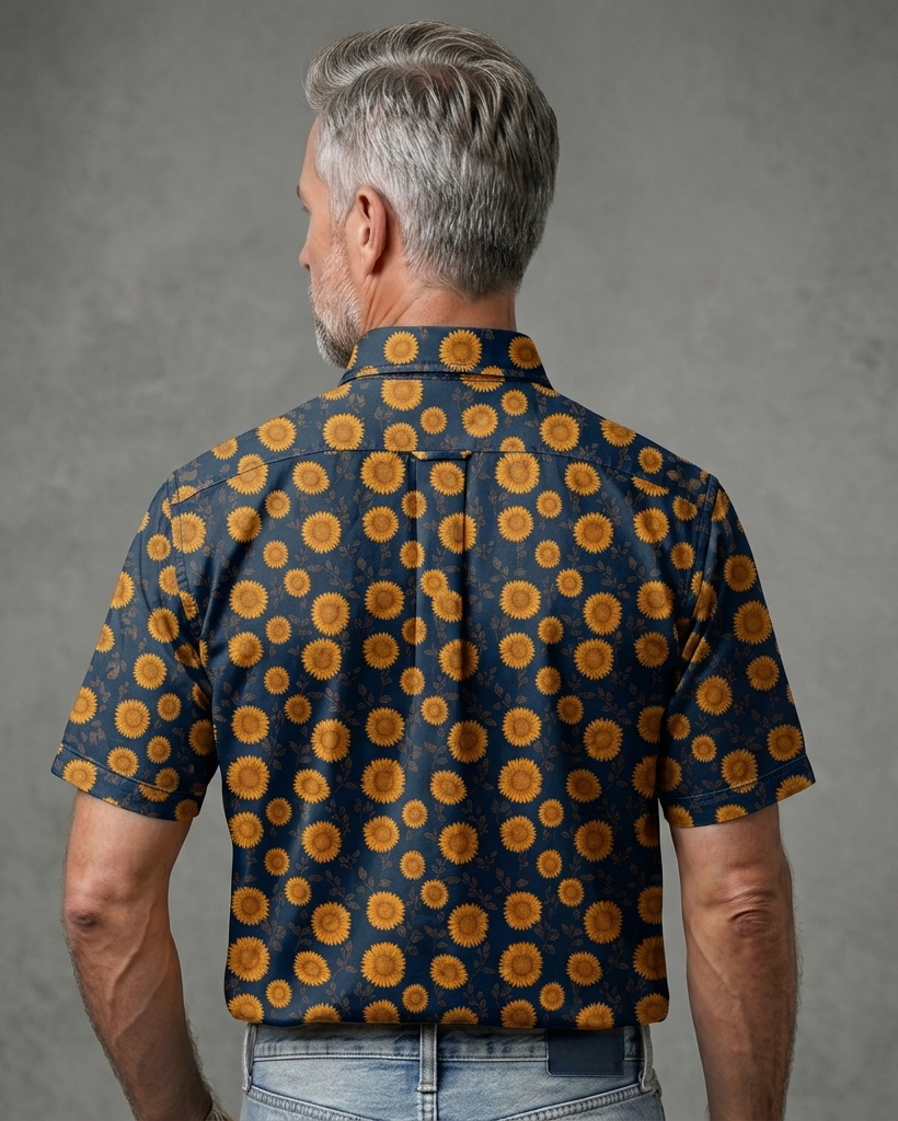 Men's Navy and Golden Yellow Regular Fit Casual Retro Style Sunflower Allover Print Short Sleeve Button-down Shirt