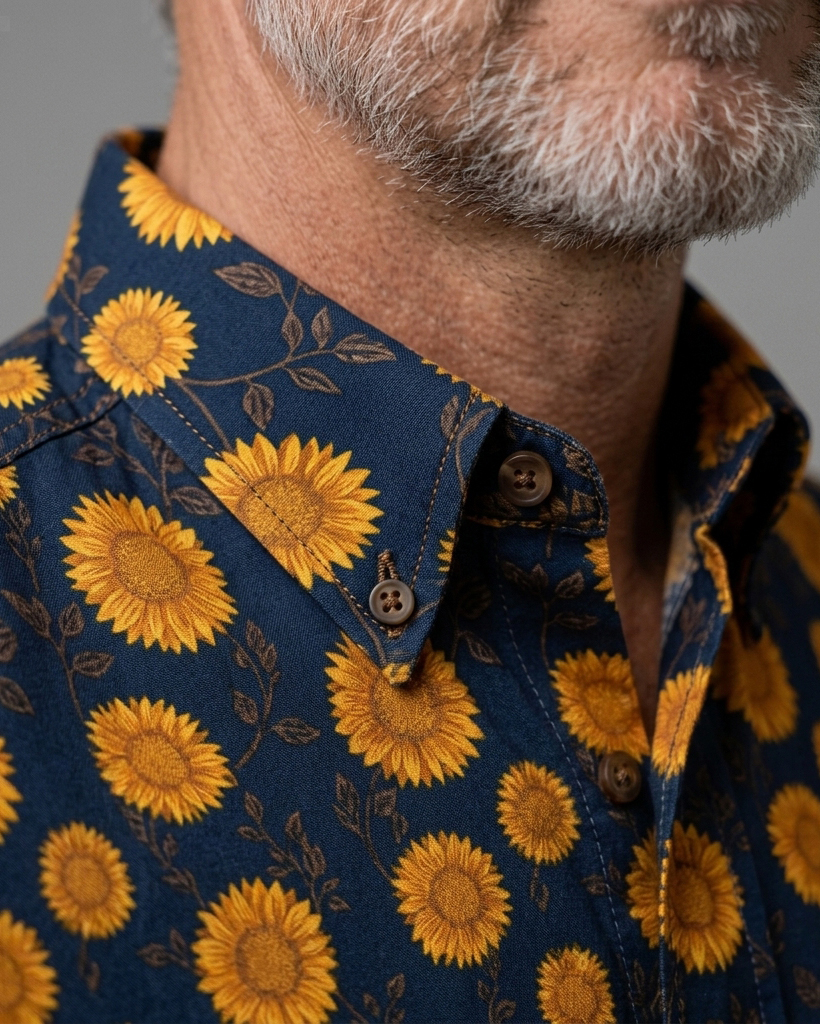 Men's Navy and Golden Yellow Regular Fit Casual Retro Style Sunflower Allover Print Short Sleeve Button-down Shirt