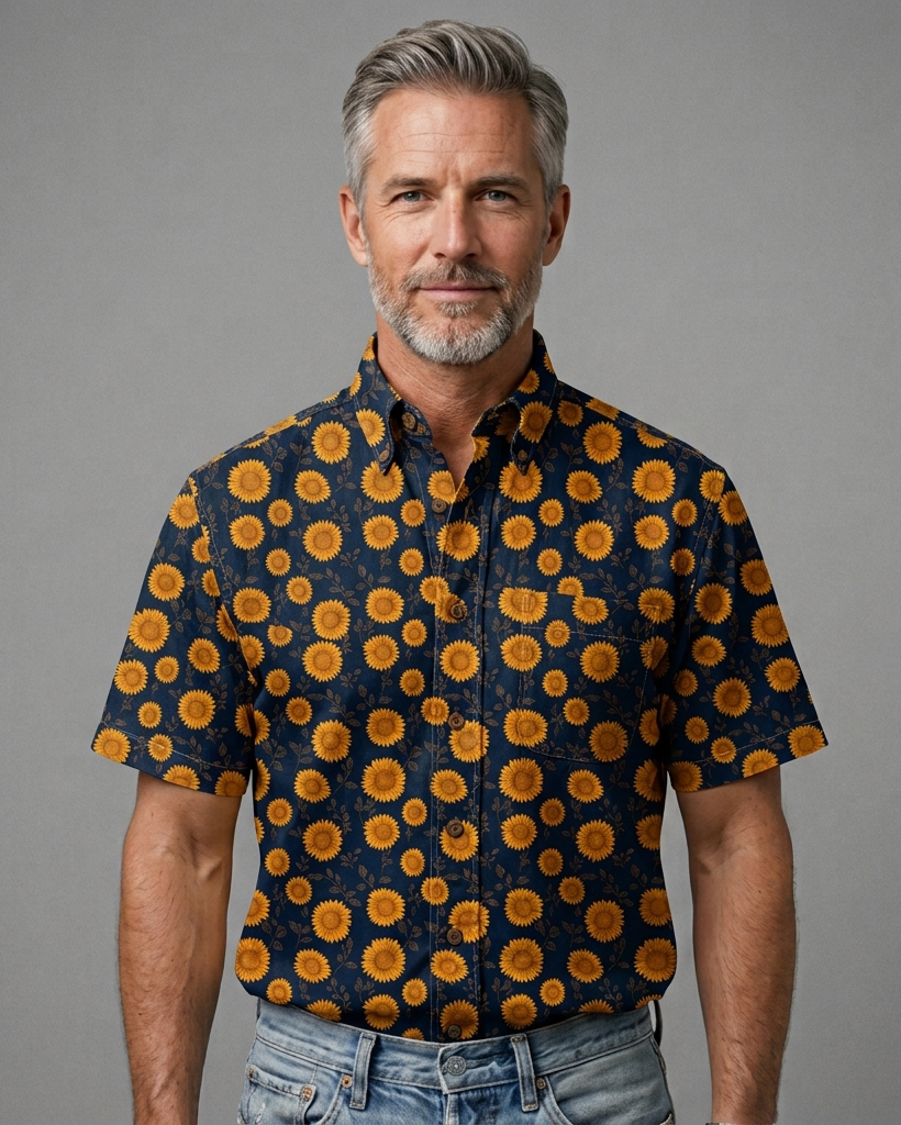 Men's Navy and Golden Yellow Regular Fit Casual Retro Style Sunflower Allover Print Short Sleeve Button-down Shirt