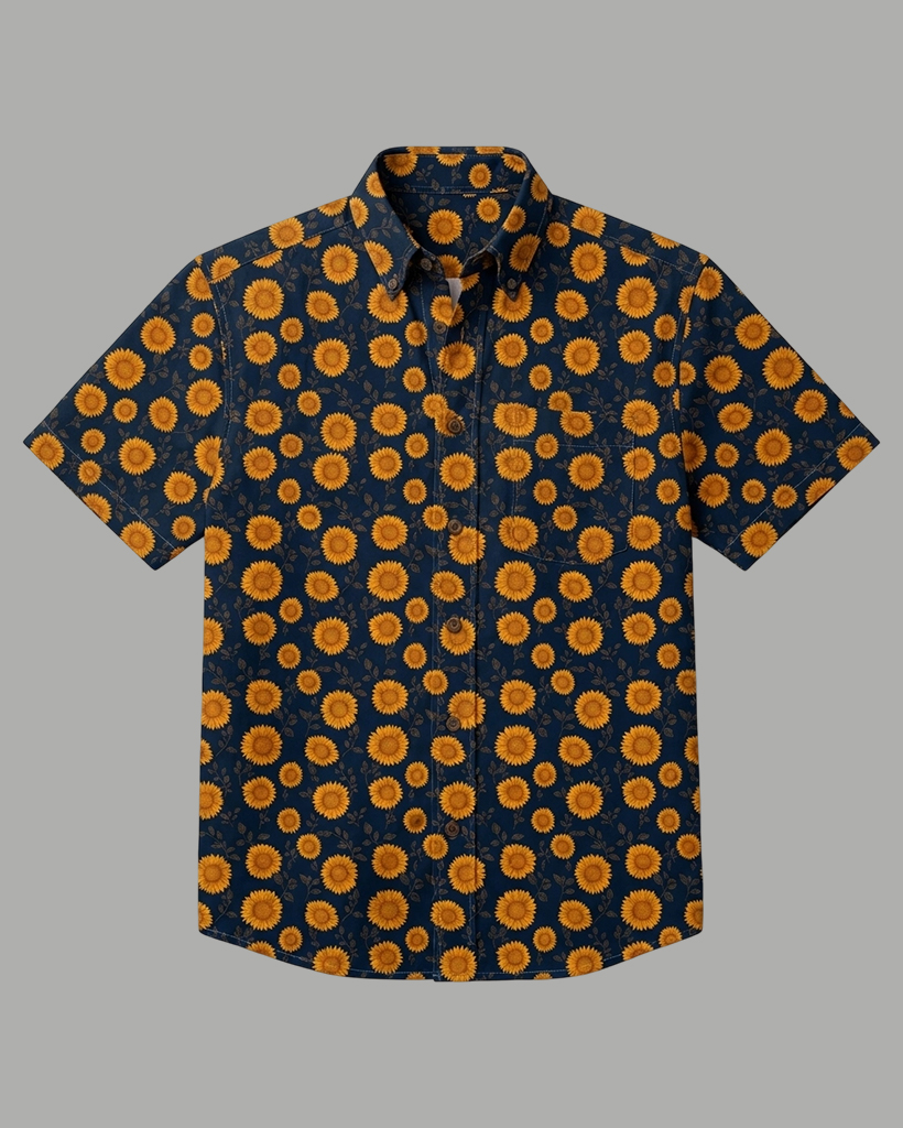 Men's Navy and Golden Yellow Regular Fit Casual Retro Style Sunflower Allover Print Short Sleeve Button-down Shirt