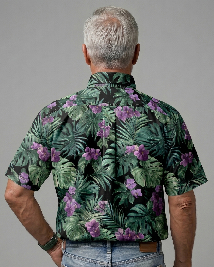 Men's Black and Green Relaxed Fit Tropical Aloha Style Purple Orchid Monstera Print Short Sleeve Button-down Shirt