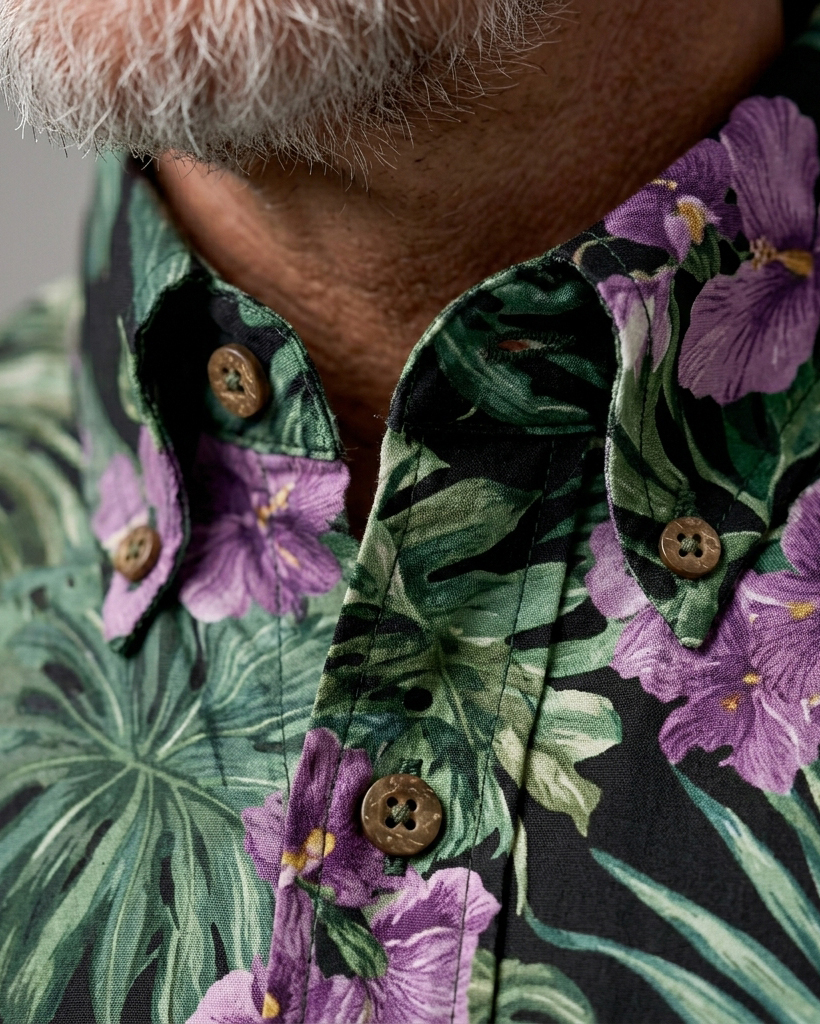 Men's Black and Green Relaxed Fit Tropical Aloha Style Purple Orchid Monstera Print Short Sleeve Button-down Shirt