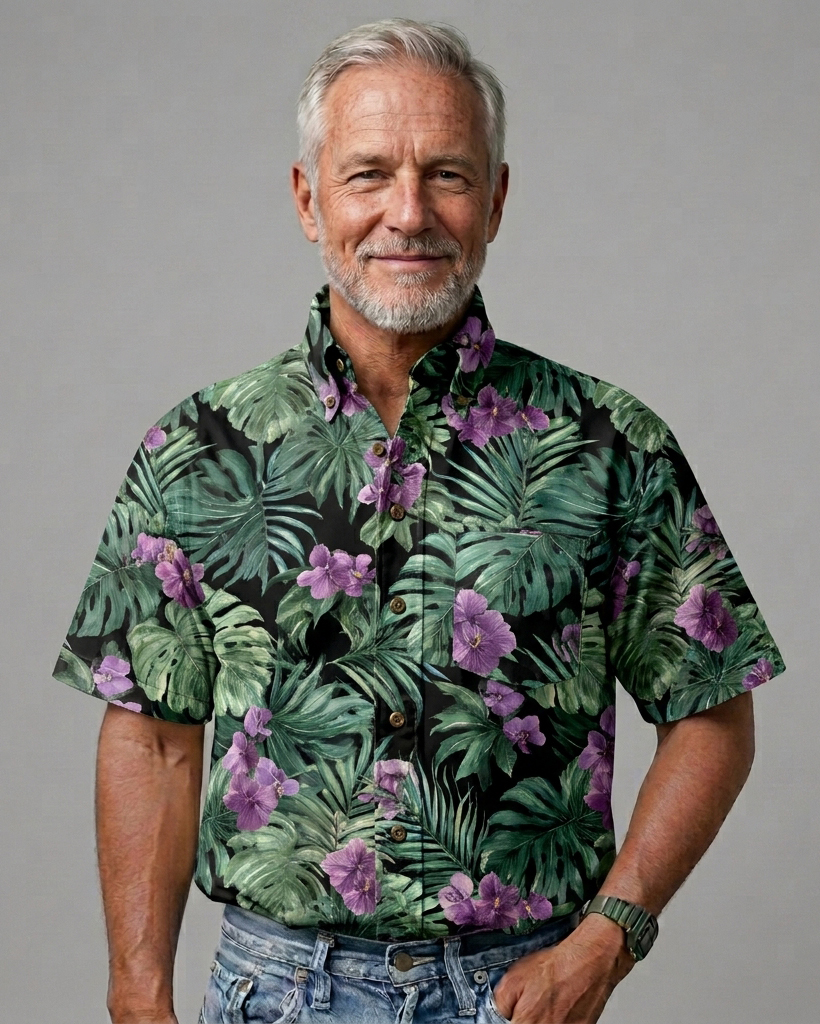 Men's Black and Green Relaxed Fit Tropical Aloha Style Purple Orchid Monstera Print Short Sleeve Button-down Shirt