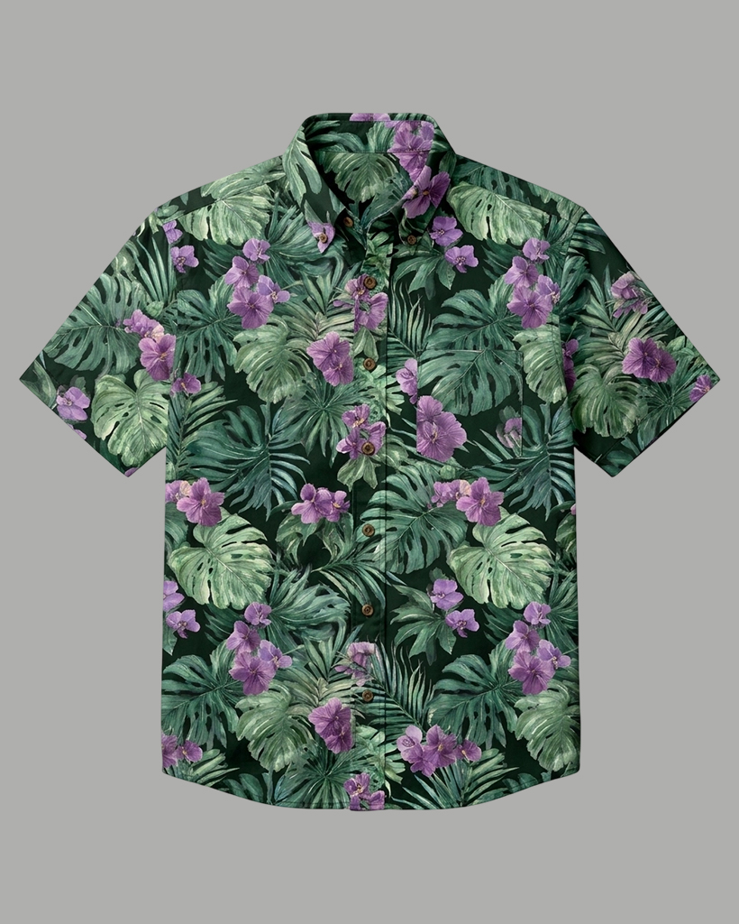 Men's Black and Green Relaxed Fit Tropical Aloha Style Purple Orchid Monstera Print Short Sleeve Button-down Shirt