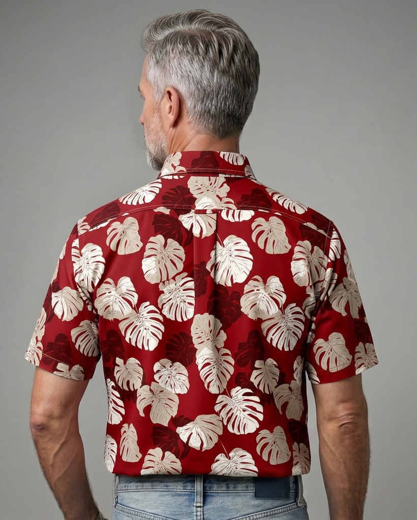 Men's Wine Red and Beige Tailored Fit Vintage Aloha Style Monstera Leaf Allover Print Short Sleeve Button-down Shirt
