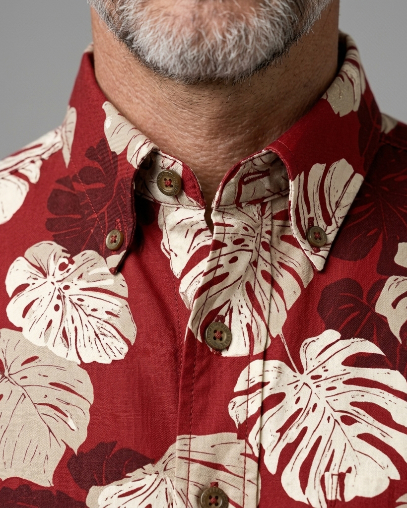 Men's Wine Red and Beige Tailored Fit Vintage Aloha Style Monstera Leaf Allover Print Short Sleeve Button-down Shirt