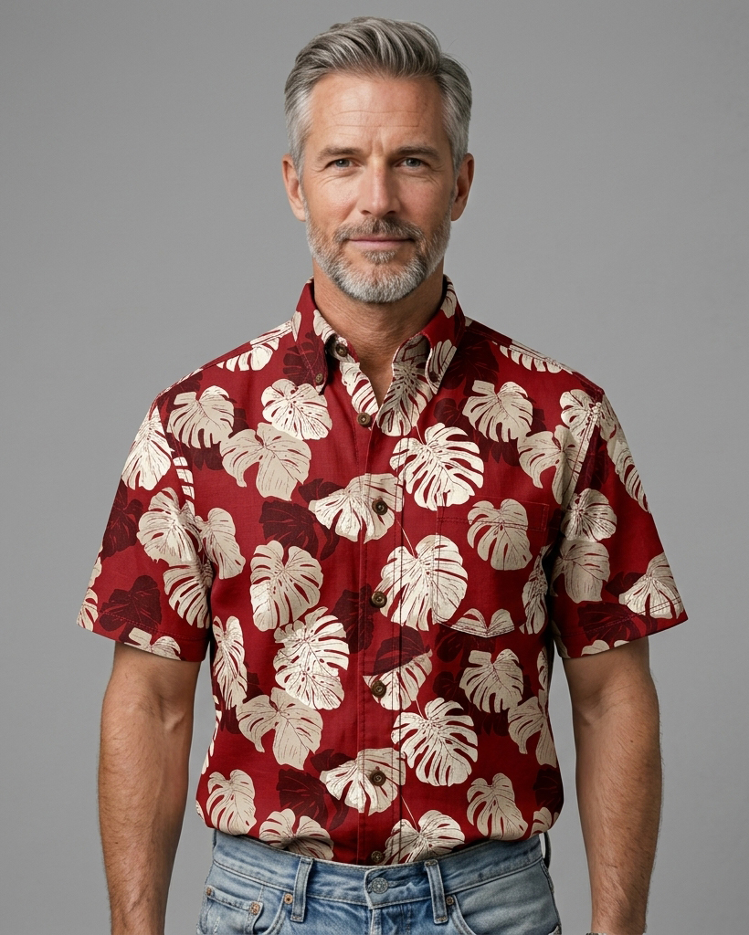 Men's Wine Red and Beige Tailored Fit Vintage Aloha Style Monstera Leaf Allover Print Short Sleeve Button-down Shirt