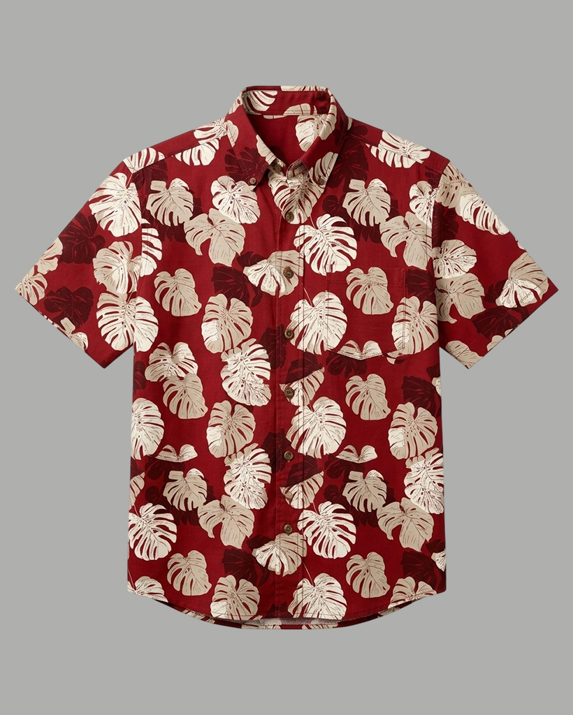 Men's Wine Red and Beige Tailored Fit Vintage Aloha Style Monstera Leaf Allover Print Short Sleeve Button-down Shirt