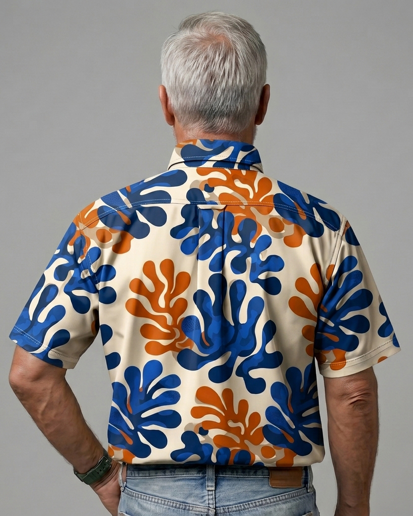Men's Beige and Blue Orange Regular Fit Modern Abstract Style Coral Monstera Print Short Sleeve Button-down Shirt