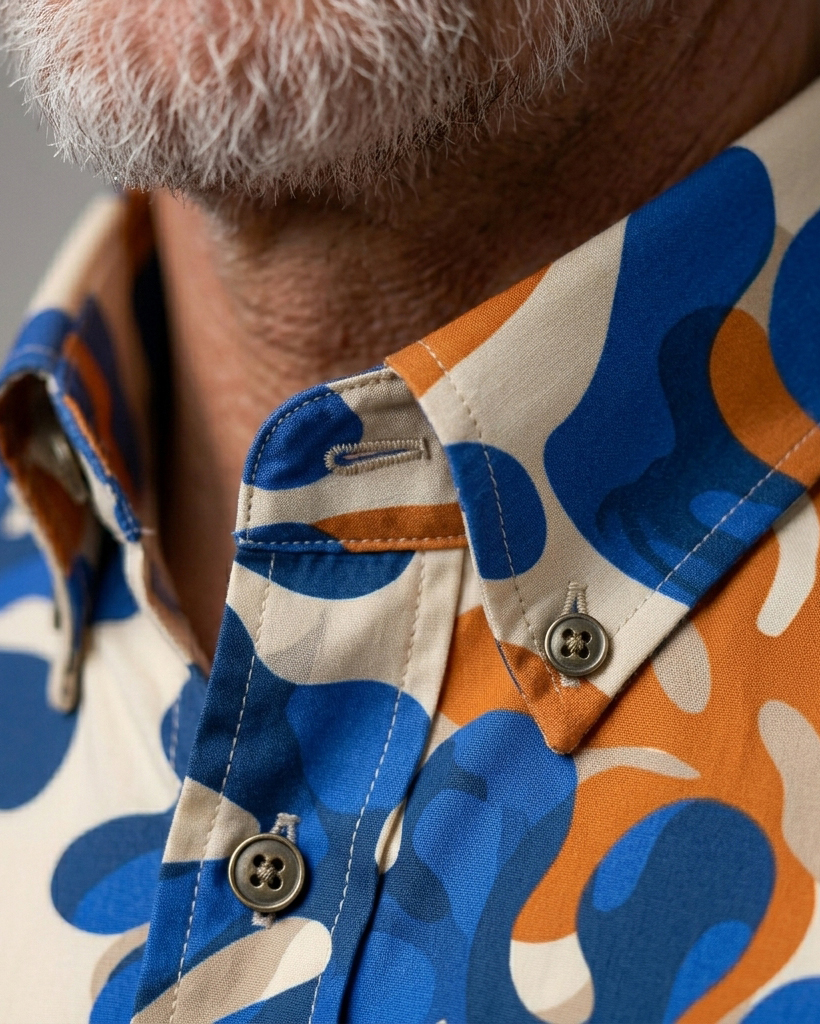 Men's Beige and Blue Orange Regular Fit Modern Abstract Style Coral Monstera Print Short Sleeve Button-down Shirt