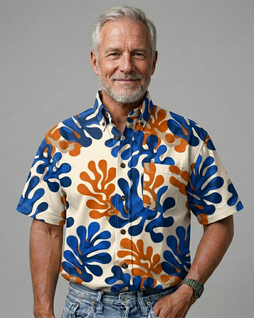 Men's Beige and Blue Orange Regular Fit Modern Abstract Style Coral Monstera Print Short Sleeve Button-down Shirt