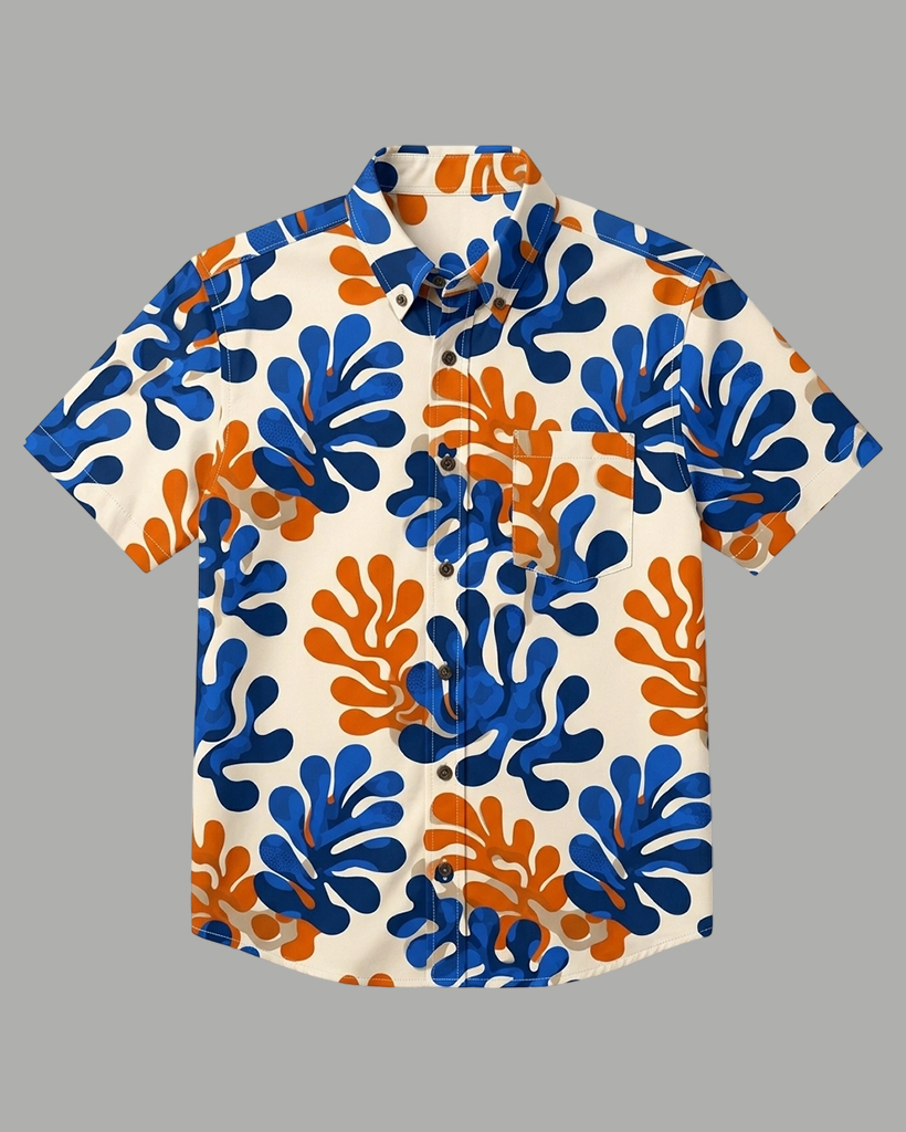 Men's Beige and Blue Orange Regular Fit Modern Abstract Style Coral Monstera Print Short Sleeve Button-down Shirt