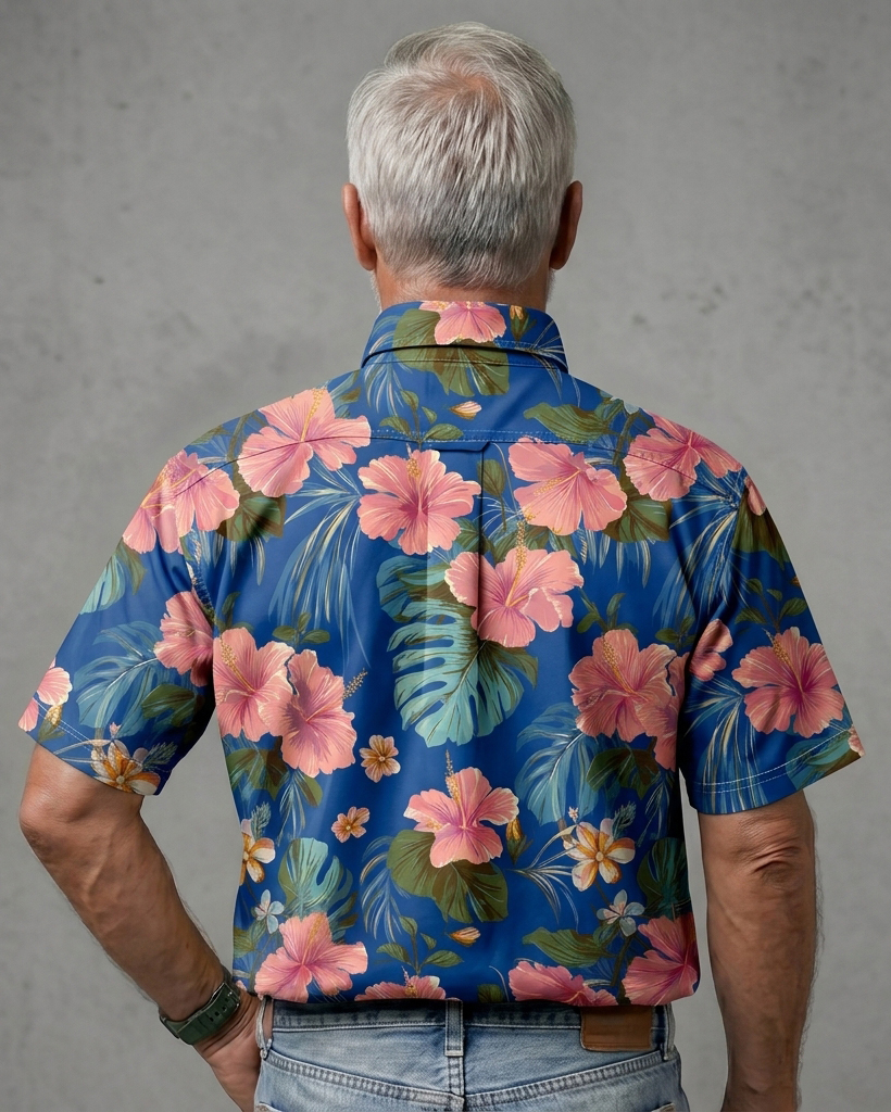 Men's Royal Blue and Pink Relaxed Fit Classic Aloha Style Hibiscus Monstera Allover Print Short Sleeve Button-down Shirt
