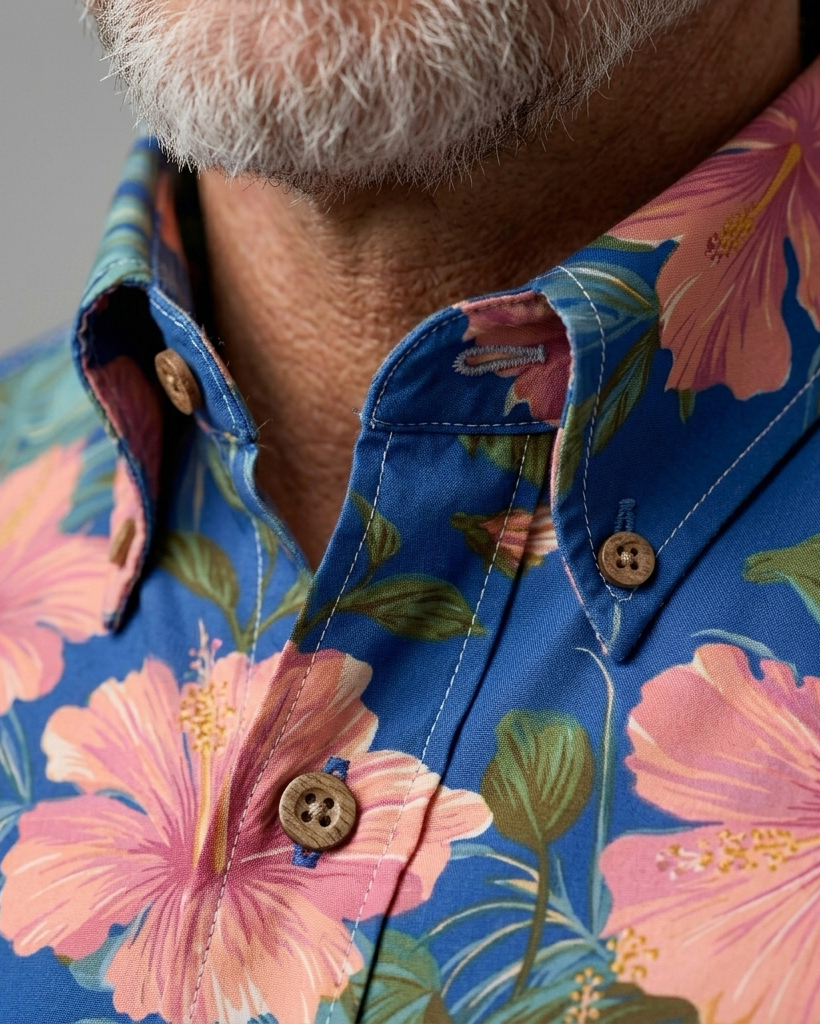 Men's Royal Blue and Pink Relaxed Fit Classic Aloha Style Hibiscus Monstera Allover Print Short Sleeve Button-down Shirt