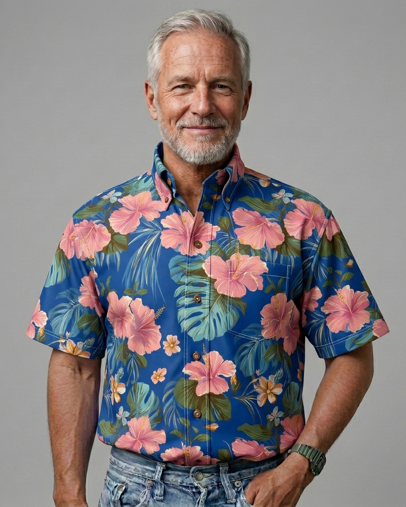 Men's Royal Blue and Pink Relaxed Fit Classic Aloha Style Hibiscus Monstera Allover Print Short Sleeve Button-down Shirt