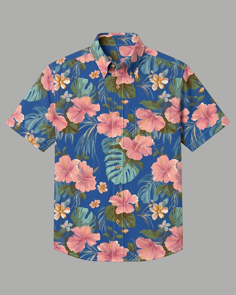 Men's Royal Blue and Pink Relaxed Fit Classic Aloha Style Hibiscus Monstera Allover Print Short Sleeve Button-down Shirt