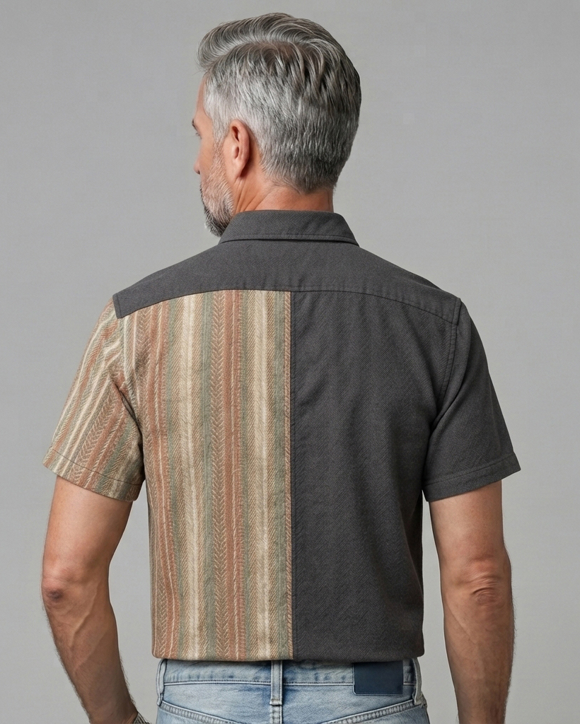 Men's Charcoal and Earth Tone Regular Fit Retro Workwear Style Herringbone Stripe Patchwork Short Sleeve Camp Collar Shirt