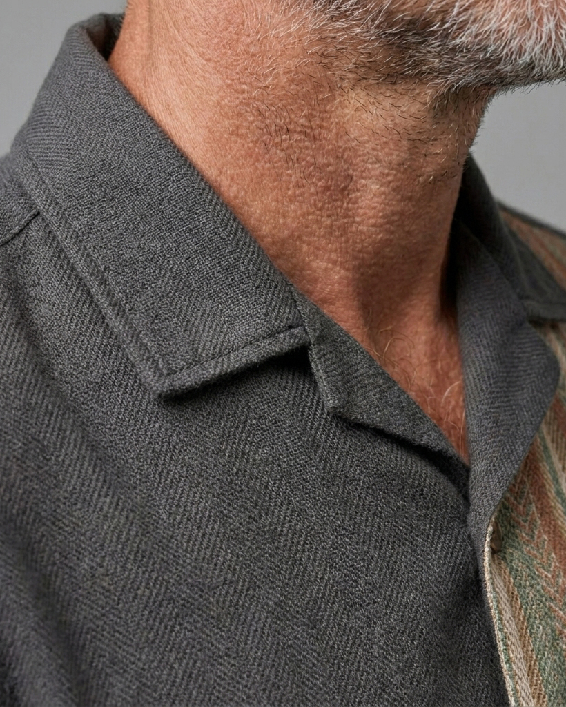 Men's Charcoal and Earth Tone Regular Fit Retro Workwear Style Herringbone Stripe Patchwork Short Sleeve Camp Collar Shirt