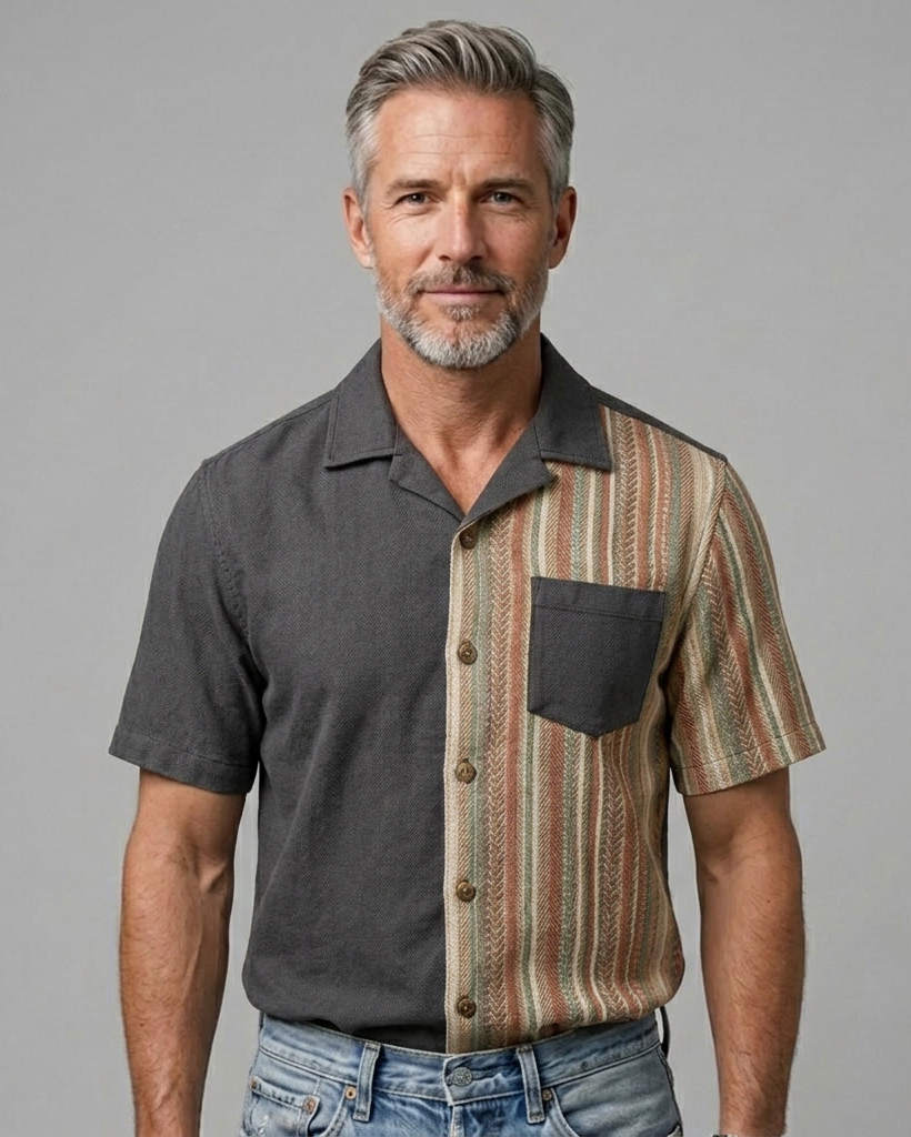 Men's Charcoal and Earth Tone Regular Fit Retro Workwear Style Herringbone Stripe Patchwork Short Sleeve Camp Collar Shirt