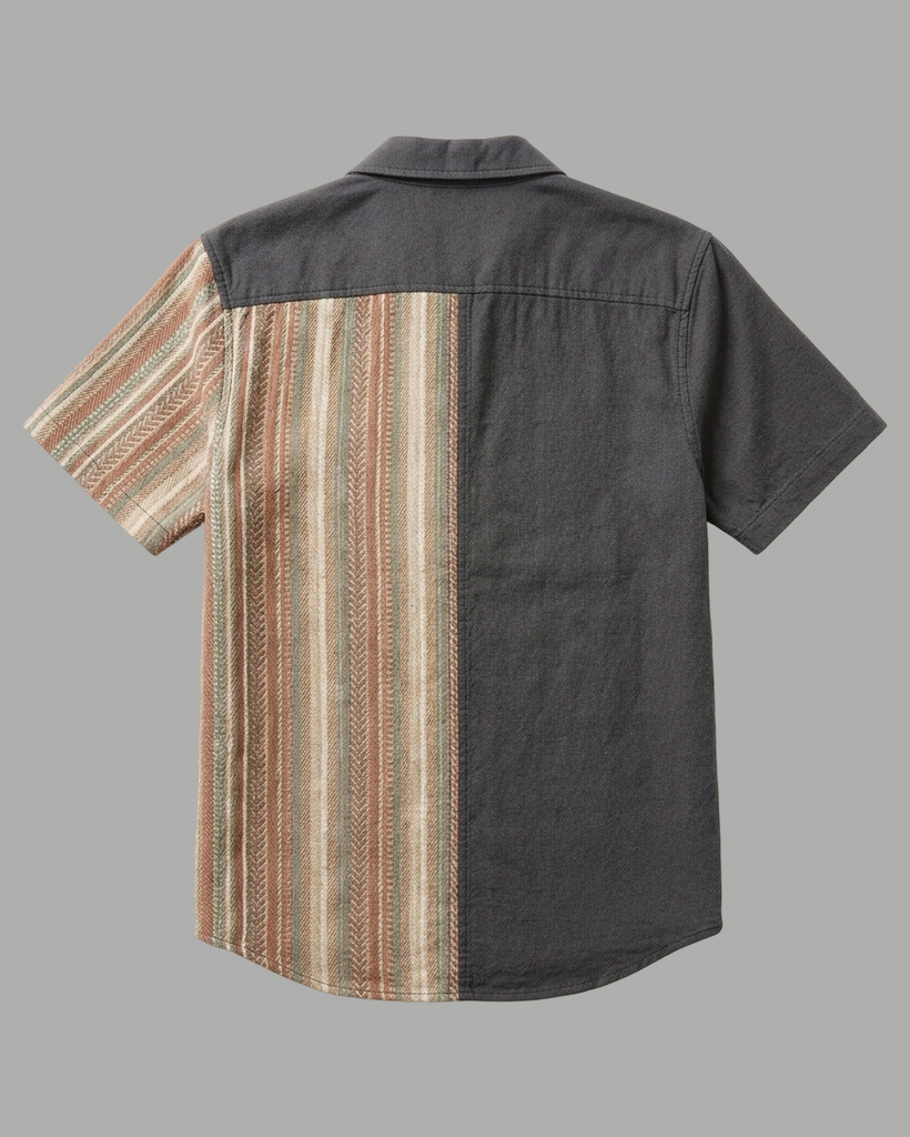 Men's Charcoal and Earth Tone Regular Fit Retro Workwear Style Herringbone Stripe Patchwork Short Sleeve Camp Collar Shirt